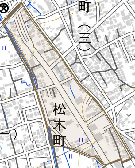 松木町とその周辺の地図。町の範囲を重ねている