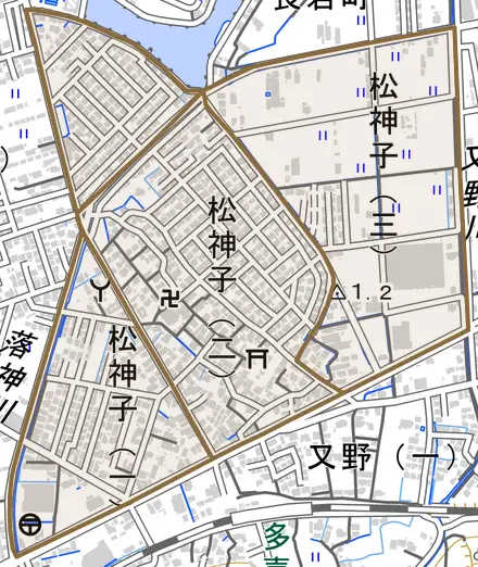 松神子とその周辺の地図。町の範囲を重ねている