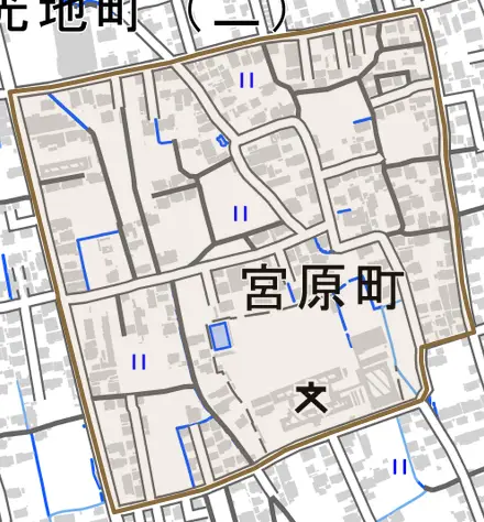 宮原町とその周辺の地図。町の範囲を重ねている