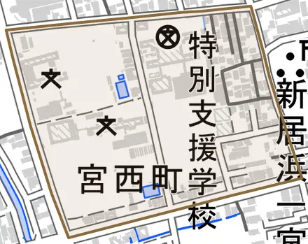 宮西町とその周辺の地図。町の範囲を重ねている