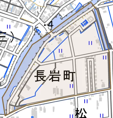 長岩町とその周辺の地図。町の範囲を重ねている