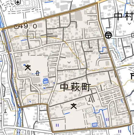 中萩町とその周辺の地図。町の範囲を重ねている
