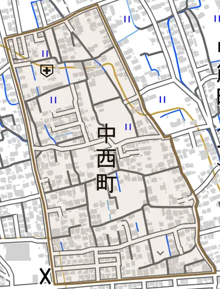中西町とその周辺の地図。町の範囲を重ねている