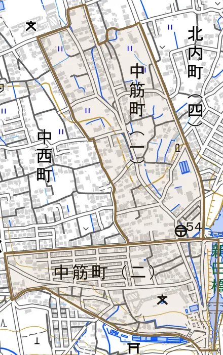 中筋町とその周辺の地図。町の範囲を重ねている