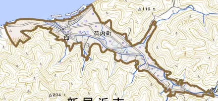 荷内町とその周辺の地図。町の範囲を重ねている