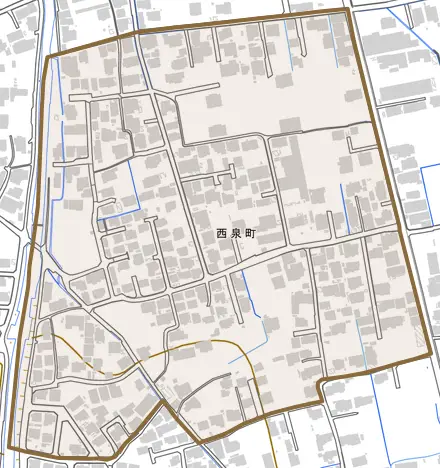 西泉町とその周辺の地図。町の範囲を重ねている