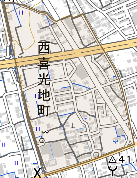 西喜光地町とその周辺の地図。町の範囲を重ねている