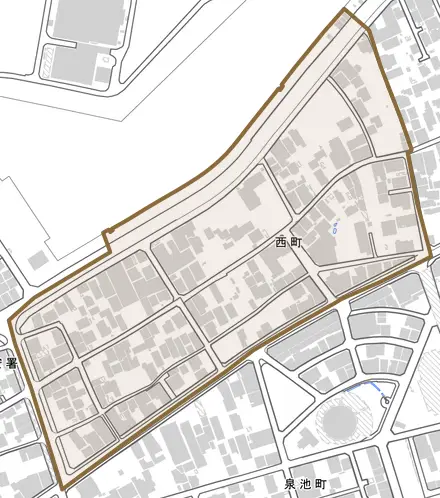 西町とその周辺の地図。町の範囲を重ねている