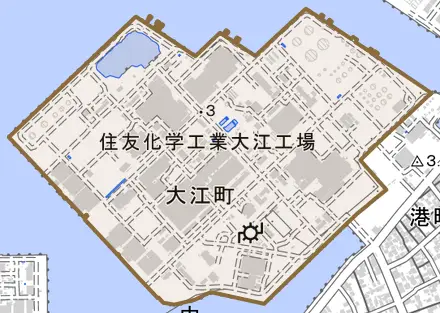 大江町とその周辺の地図。町の範囲を重ねている
