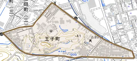 王子町とその周辺の地図。町の範囲を重ねている