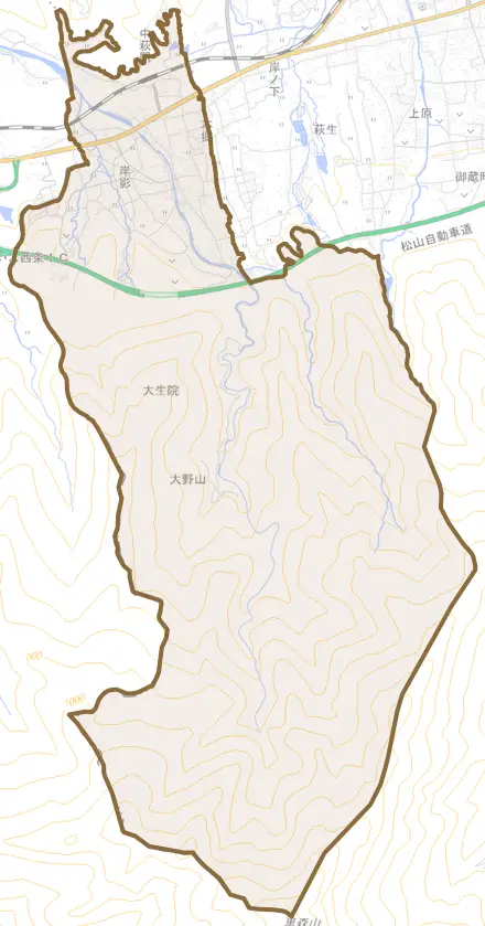 大生院とその周辺の地図。町の範囲を重ねている