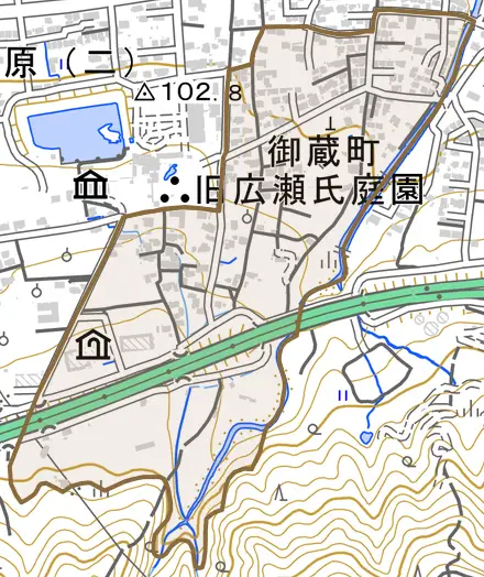 御蔵町とその周辺の地図。町の範囲を重ねている