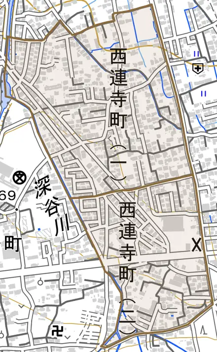 西連寺町とその周辺の地図。町の範囲を重ねている