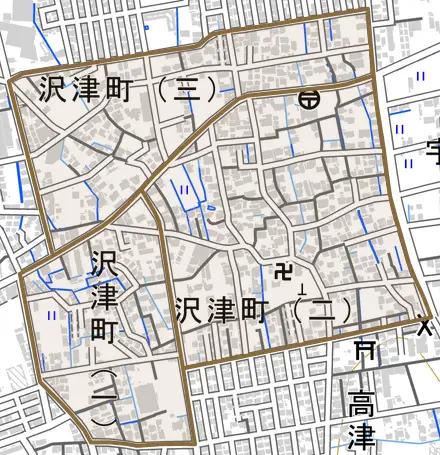 沢津町とその周辺の地図。町の範囲を重ねている
