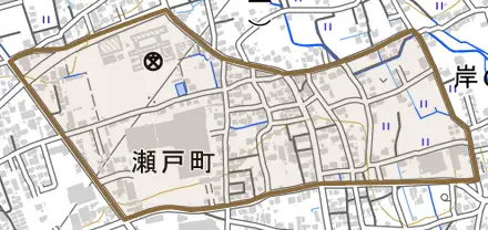 瀬戸町とその周辺の地図。町の範囲を重ねている