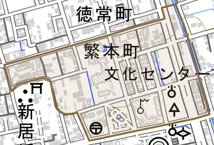 繁本町とその周辺の地図。町の範囲を重ねている