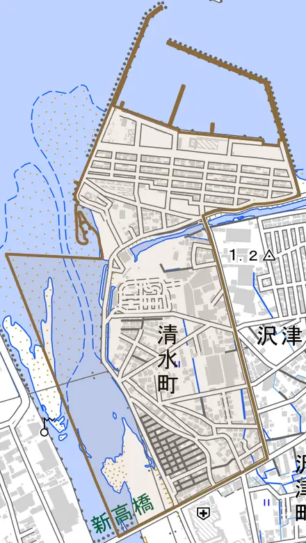 清水町とその周辺の地図。町の範囲を重ねている