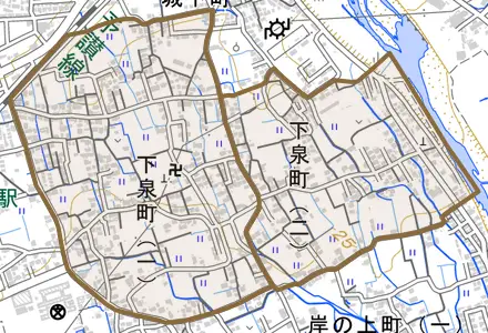 下泉町とその周辺の地図。町の範囲を重ねている