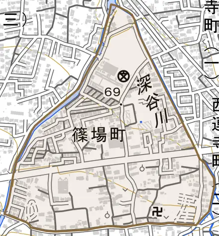 篠場町とその周辺の地図。町の範囲を重ねている