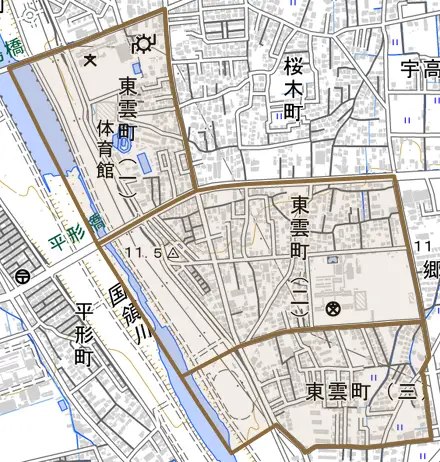 東雲町とその周辺の地図。町の範囲を重ねている