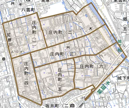 庄内町とその周辺の地図。町の範囲を重ねている