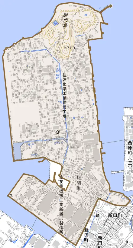 惣開町とその周辺の地図。町の範囲を重ねている