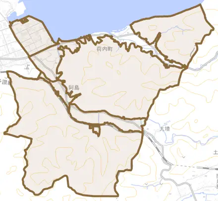 阿島とその周辺の地図。町の範囲を重ねている