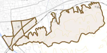 郷とその周辺の地図。町の範囲を重ねている