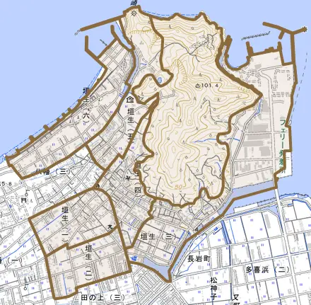 垣生とその周辺の地図。町の範囲を重ねている