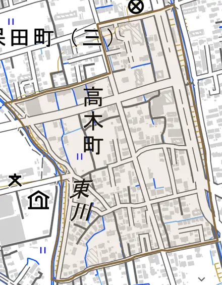 高木町とその周辺の地図。町の範囲を重ねている