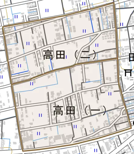 高田とその周辺の地図。町の範囲を重ねている