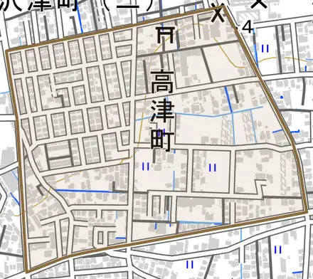 高津町とその周辺の地図。町の範囲を重ねている