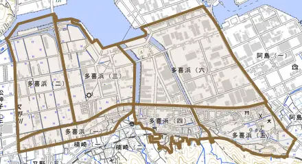 多喜浜とその周辺の地図。町の範囲を重ねている
