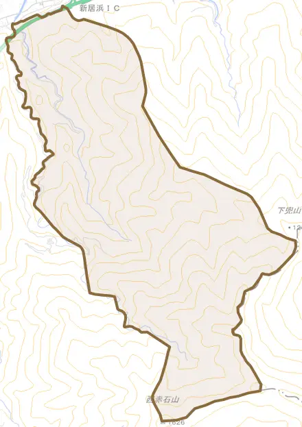 種子川山とその周辺の地図。町の範囲を重ねている