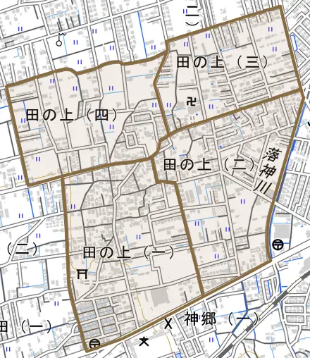 田の上とその周辺の地図。町の範囲を重ねている