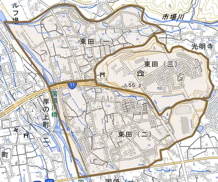 東田とその周辺の地図。町の範囲を重ねている