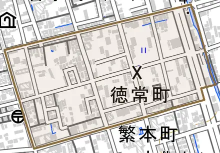 徳常町とその周辺の地図。町の範囲を重ねている