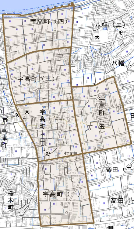 宇高町とその周辺の地図。町の範囲を重ねている