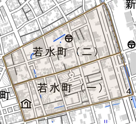 若水町とその周辺の地図。町の範囲を重ねている
