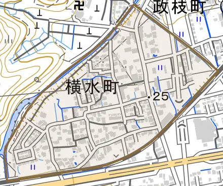 横水町とその周辺の地図。町の範囲を重ねている