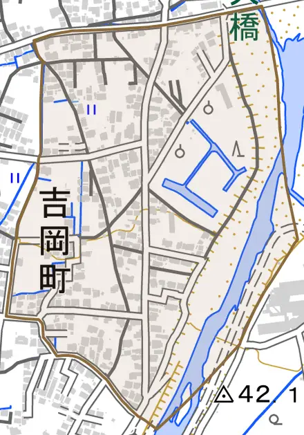 吉岡町とその周辺の地図。町の範囲を重ねている
