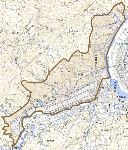阿蔵とその周辺の地図。町の範囲を重ねている
