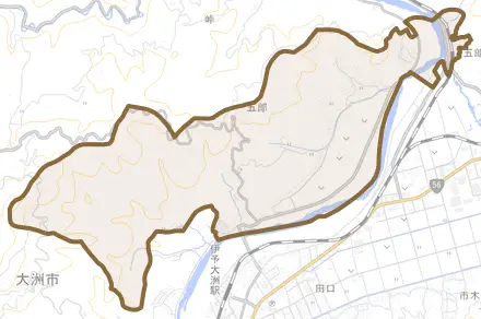 五郎とその周辺の地図。町の範囲を重ねている