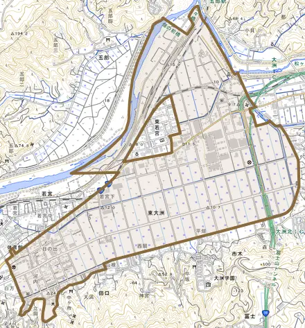 東大洲とその周辺の地図。町の範囲を重ねている