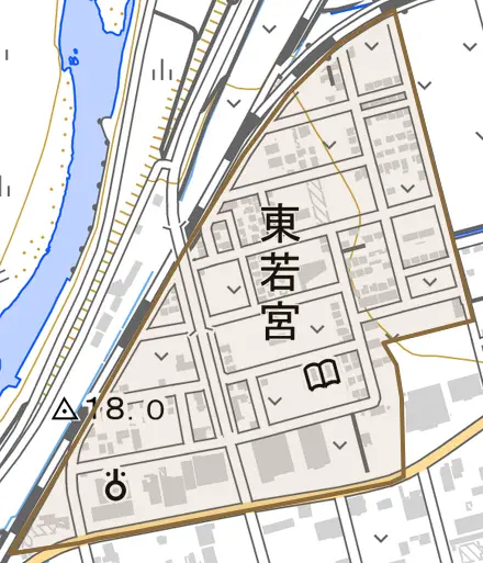 東若宮とその周辺の地図。町の範囲を重ねている