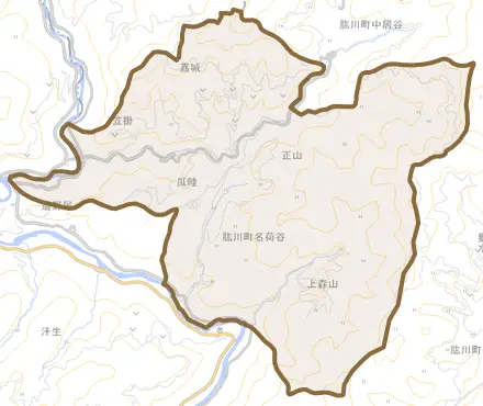 肱川町名荷谷とその周辺の地図。町の範囲を重ねている