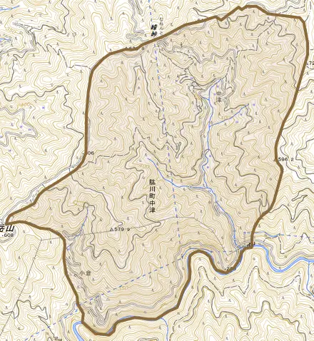 肱川町中津とその周辺の地図。町の範囲を重ねている