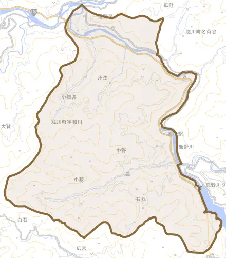 肱川町宇和川とその周辺の地図。町の範囲を重ねている