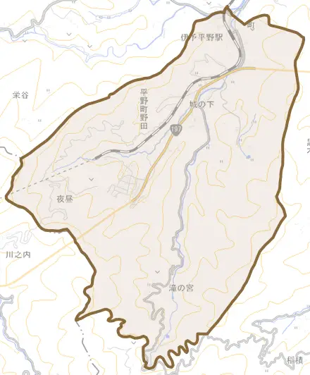 平野町野田とその周辺の地図。町の範囲を重ねている