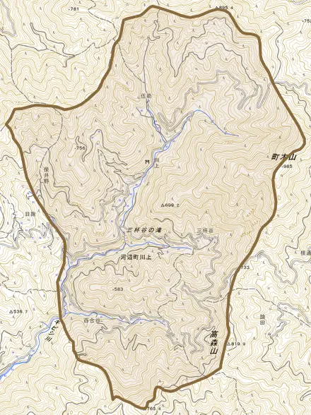 河辺町川上とその周辺の地図。町の範囲を重ねている
